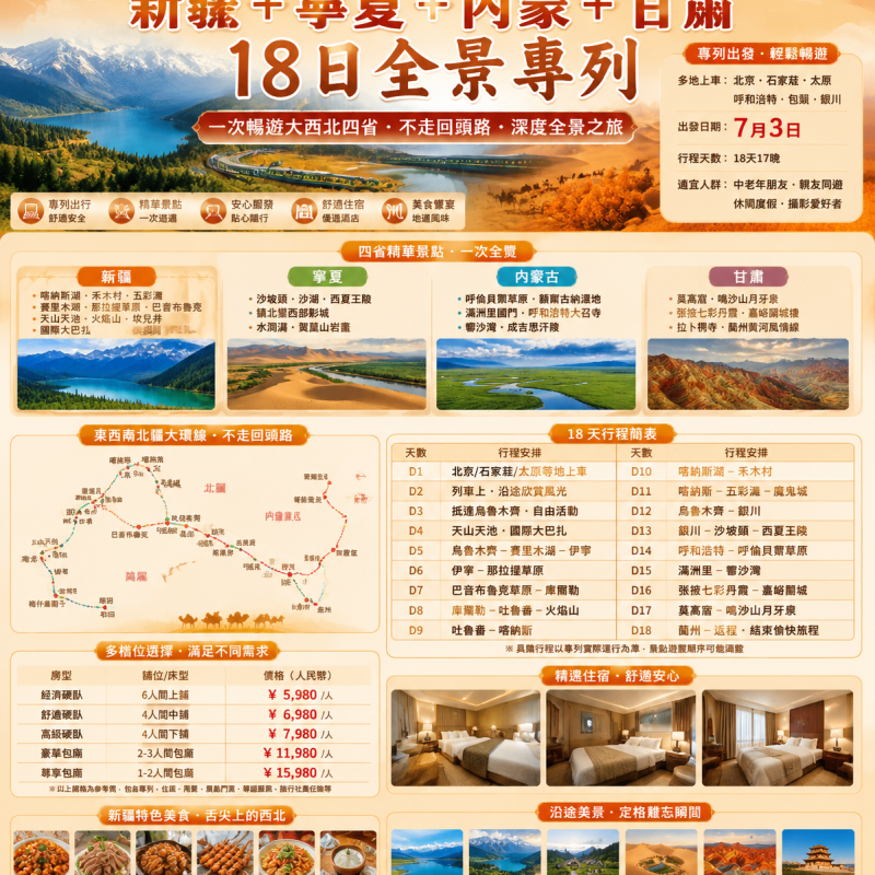 穿越新疆|新疆大全景甘肅寧夏內蒙專列 18 日遊